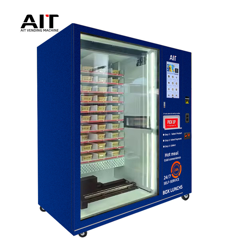 integrated refrigeration and heating vending machine with a microwave oven is suitable for boxed meals, fast food, hamburgers, cakes and other foods