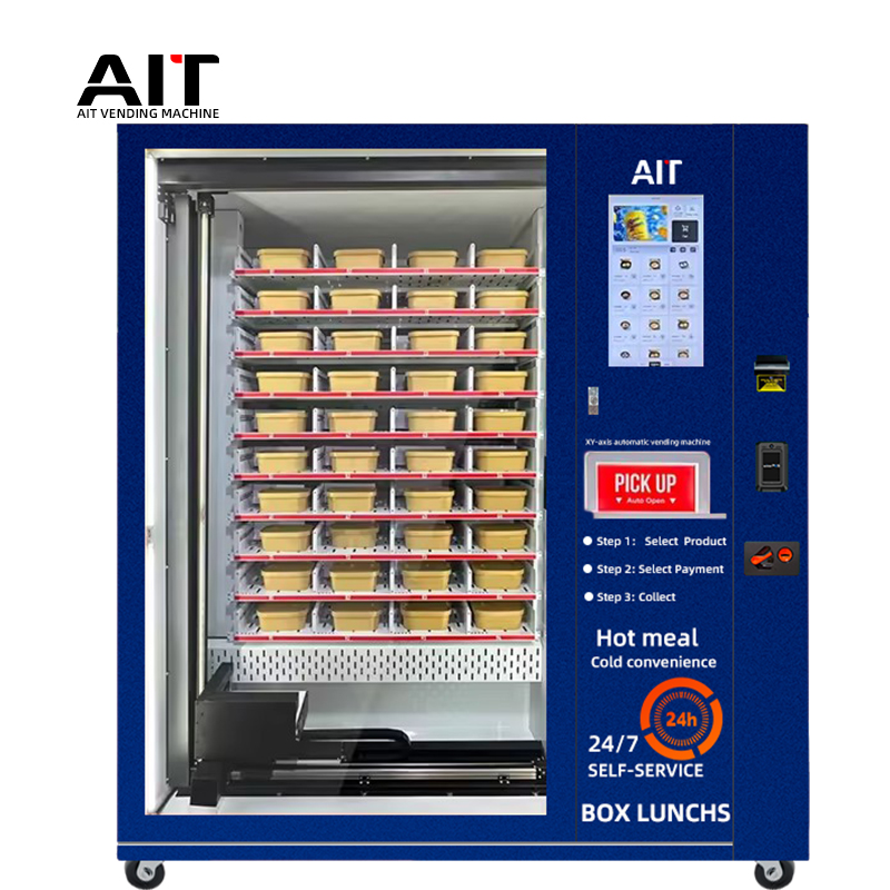 integrated refrigeration and heating vending machine with a microwave oven is suitable for boxed meals, fast food, hamburgers, cakes and other foods