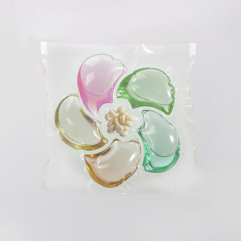 Капсула стирального порошка 6D, с розовым, зелёным, синим, оранжевым и жёлтым цветами