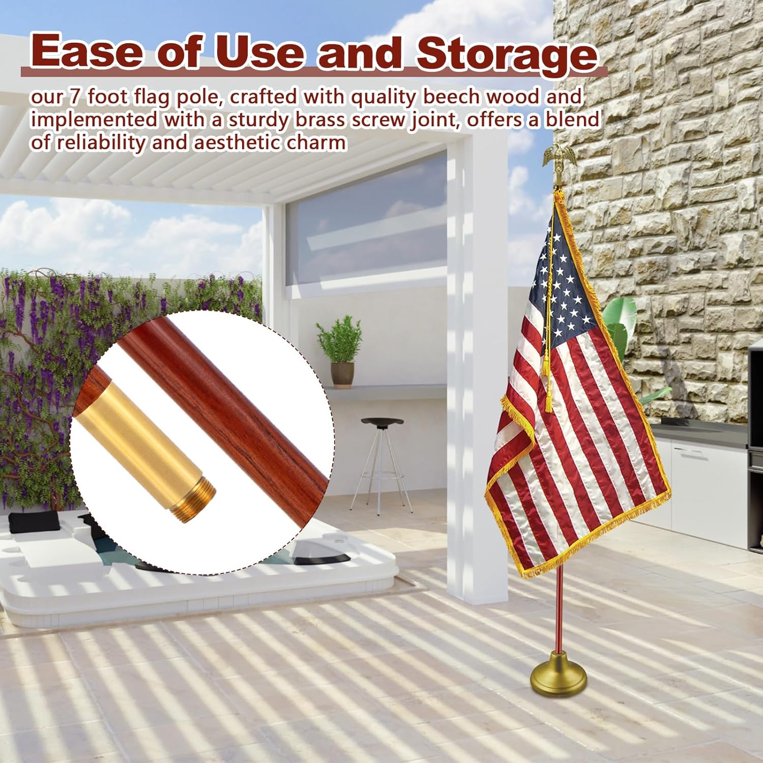 7ft Wooden Flagpole for Indoor/Outdoor Parade – Solid Wood with Brass Connectors, Brown & Gold