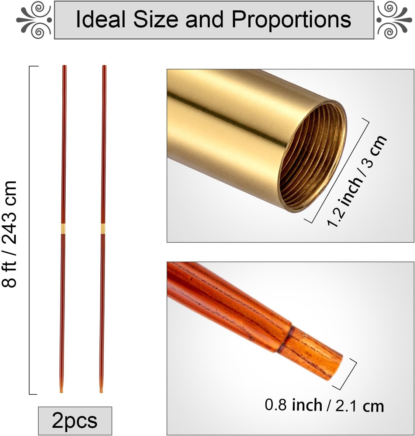 8ft Wooden Flagpole for Indoor/Outdoor Parade – Solid Wood with Brass Connectors, Brown & Gold