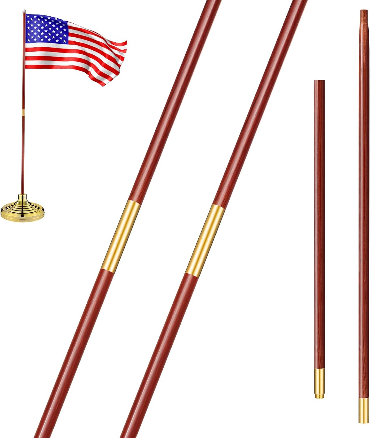 7ft Wooden Flagpole for Indoor/Outdoor Parade – Solid Wood with Brass Connectors, Brown & Gold