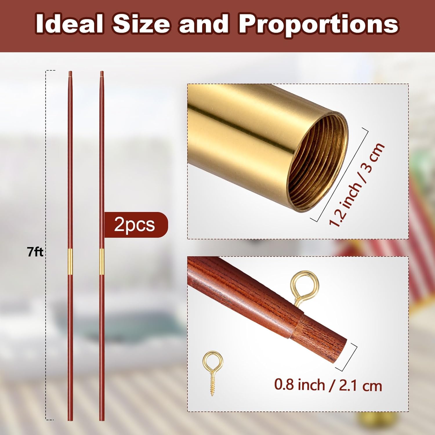 7ft Wooden Flagpole for Indoor/Outdoor Parade – Solid Wood with Brass Connectors, Brown & Gold