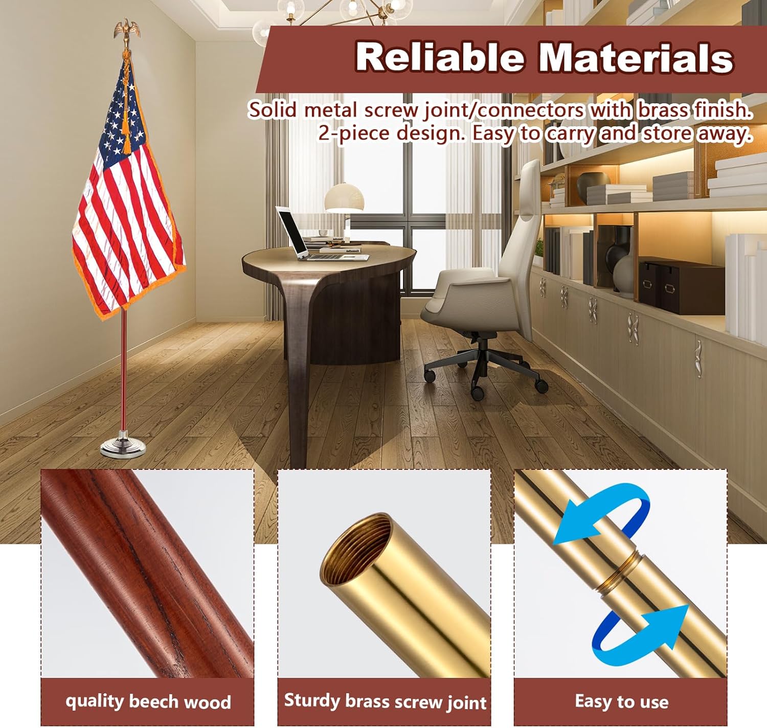 7ft Wooden Flagpole for Indoor/Outdoor Parade – Solid Wood with Brass Connectors, Brown & Gold