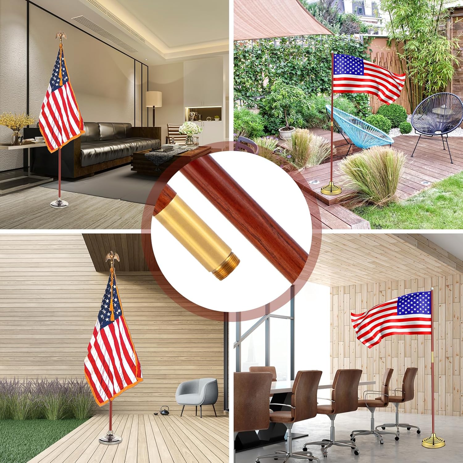 7ft Wooden Flagpole for Indoor/Outdoor Parade – Solid Wood with Brass Connectors, Brown & Gold