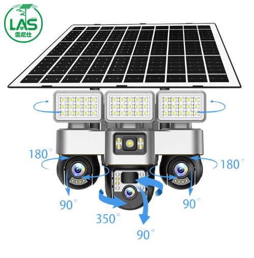 Low-power consumption integrated unit with three monitoring cameras and three light sources + street light