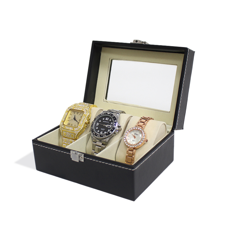 Wooden Luxury Pu Leather Watch Packaging Box with 3 Slots Pillow Insert