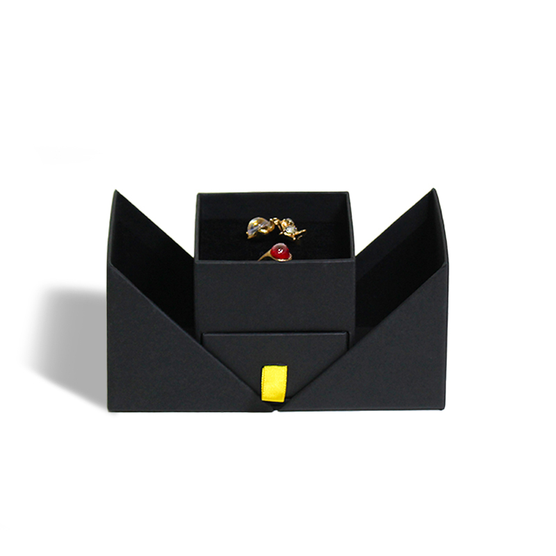Custom Black Creative Flip Open Jewelry Box Packaging with Drawer Velvet Lining for Ring and Earring Storage