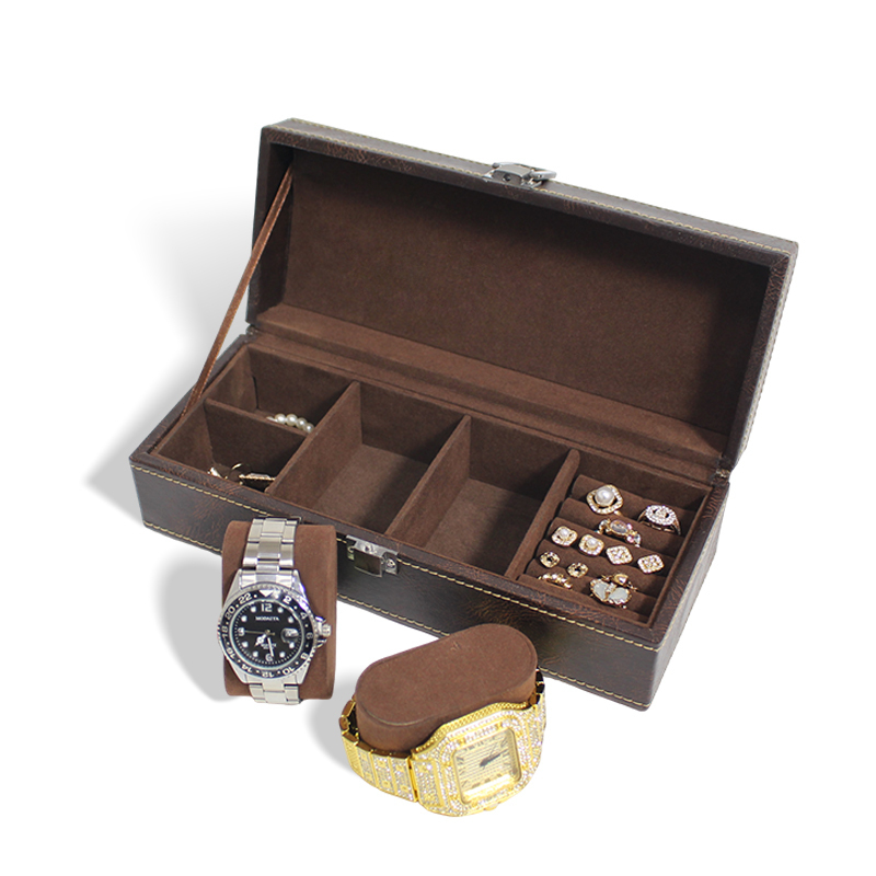 Wooden Velvet Watch Case with PU Leather Travel Clamshell Box