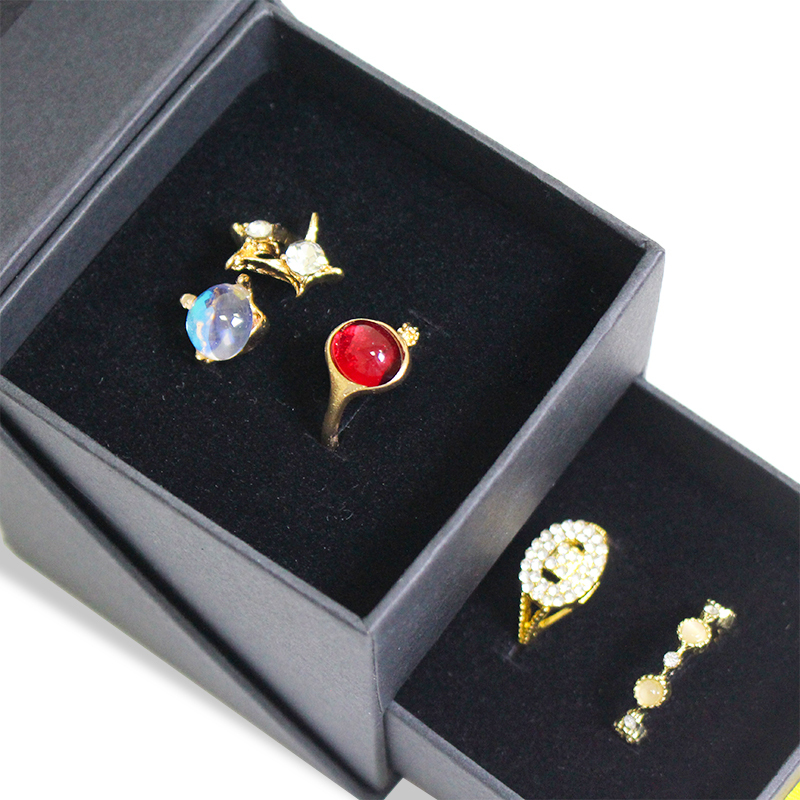 Custom Black Creative Flip Open Jewelry Box Packaging with Drawer Velvet Lining for Ring and Earring Storage