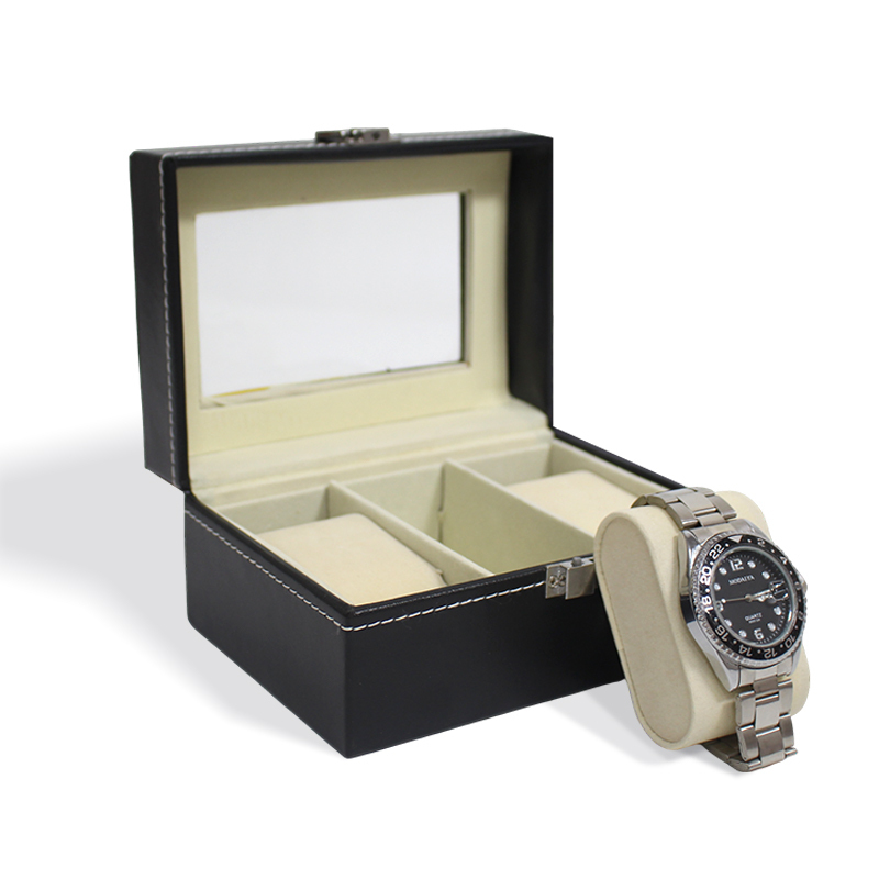 Wooden Luxury Pu Leather Watch Packaging Box with 3 Slots Pillow Insert
