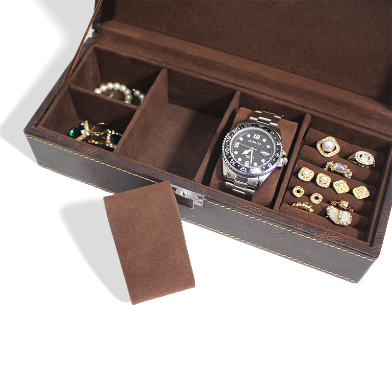 Wooden Velvet Watch Case with PU Leather Travel Clamshell Box