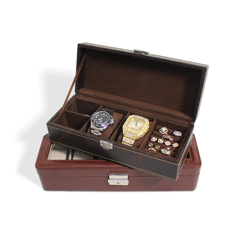Wooden Velvet Watch Case with PU Leather Travel Clamshell Box