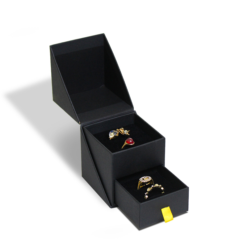 Custom Black Creative Flip Open Jewelry Box Packaging with Drawer Velvet Lining for Ring and Earring Storage