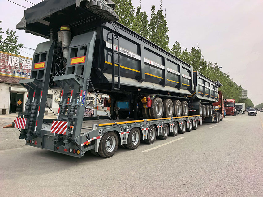 Four-axle rear-tipping self-unloading truck, 4 lines, 8 axles, special trailer.
