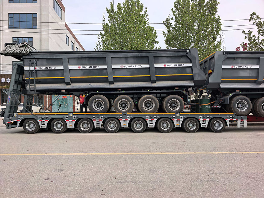 Four-axle rear-tipping self-unloading truck, 4 lines, 8 axles, special trailer.