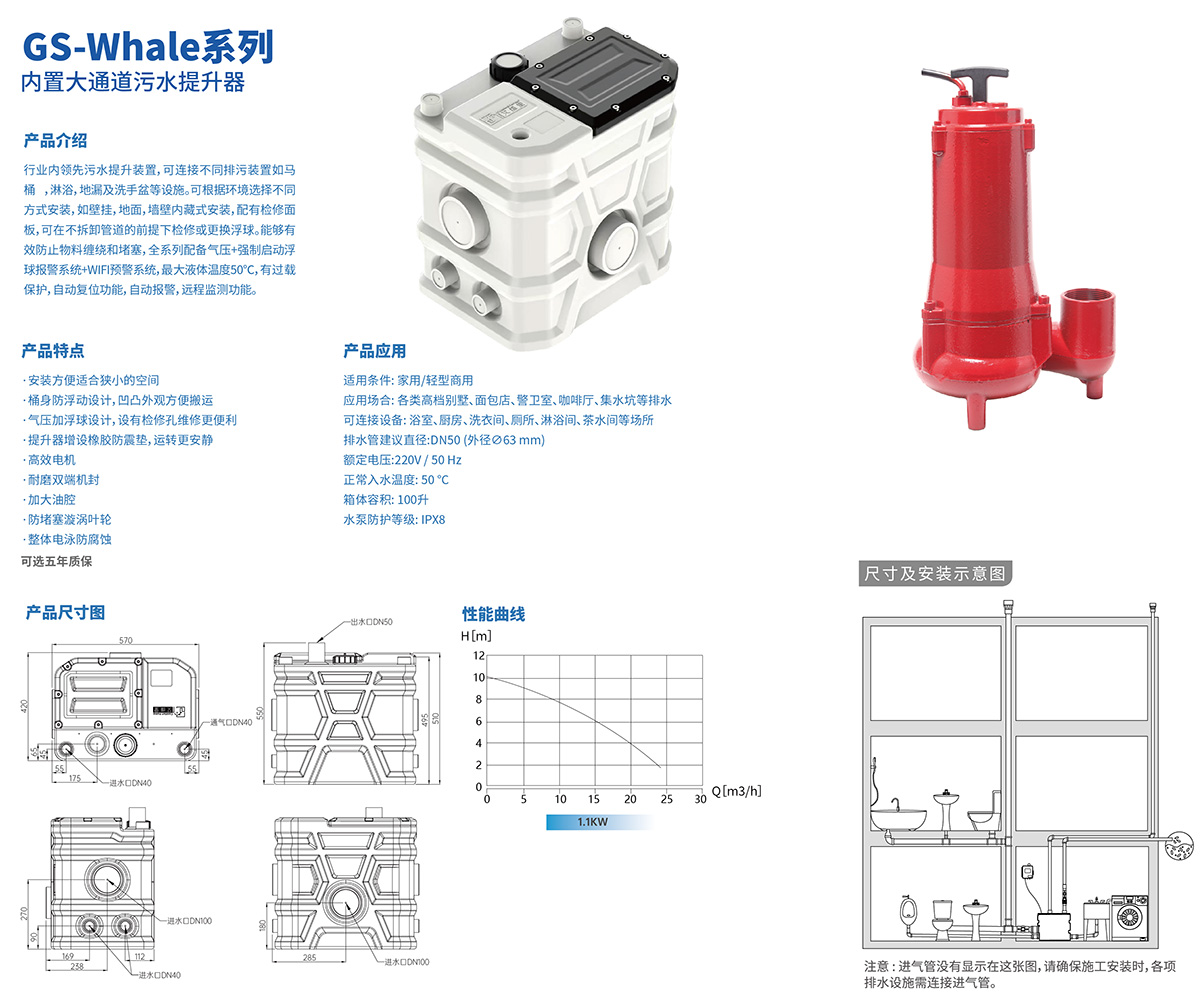 产品特点-GS-Whale系列 内置大通道污水提升器