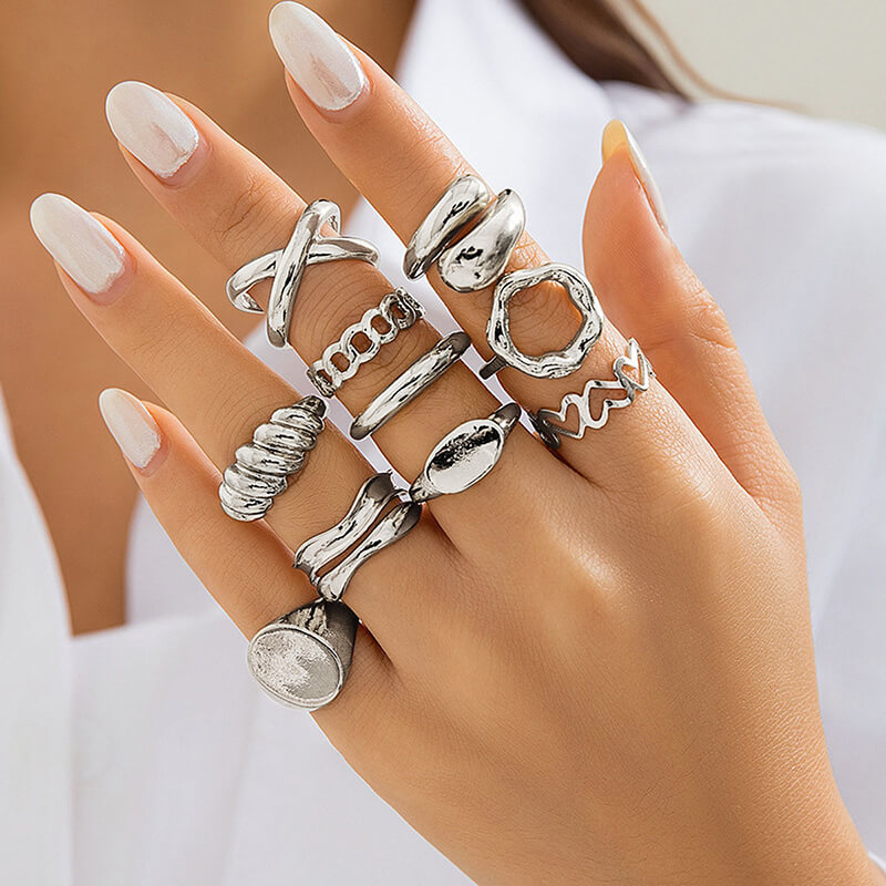 Wholesale 10pcs Chunky Zinc Alloy Stacking Ring Set (Model: TGI-0003)