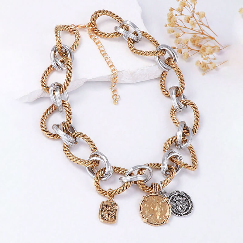 Wholesale Two-Tone Twist Chain Coin Necklace | Zinc Alloy OEM