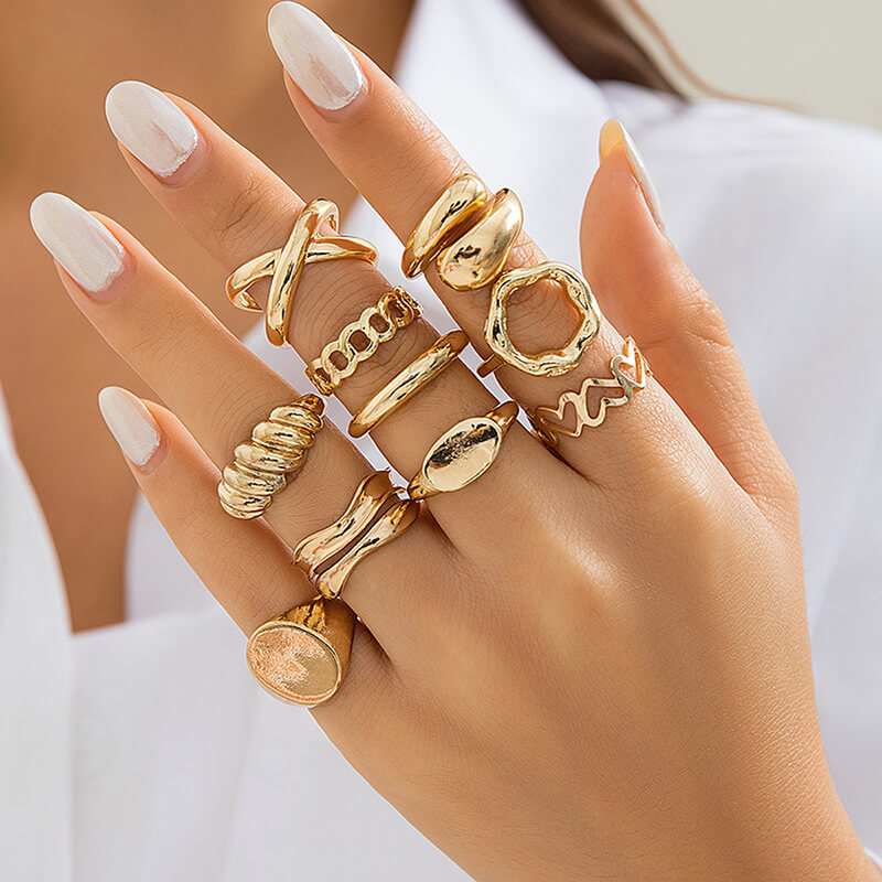 Wholesale 10pcs Chunky Zinc Alloy Stacking Ring Set (Model: TGI-0003)