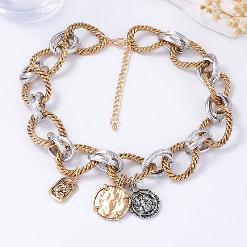 Wholesale Two-Tone Twist Chain Coin Necklace | Zinc Alloy OEM