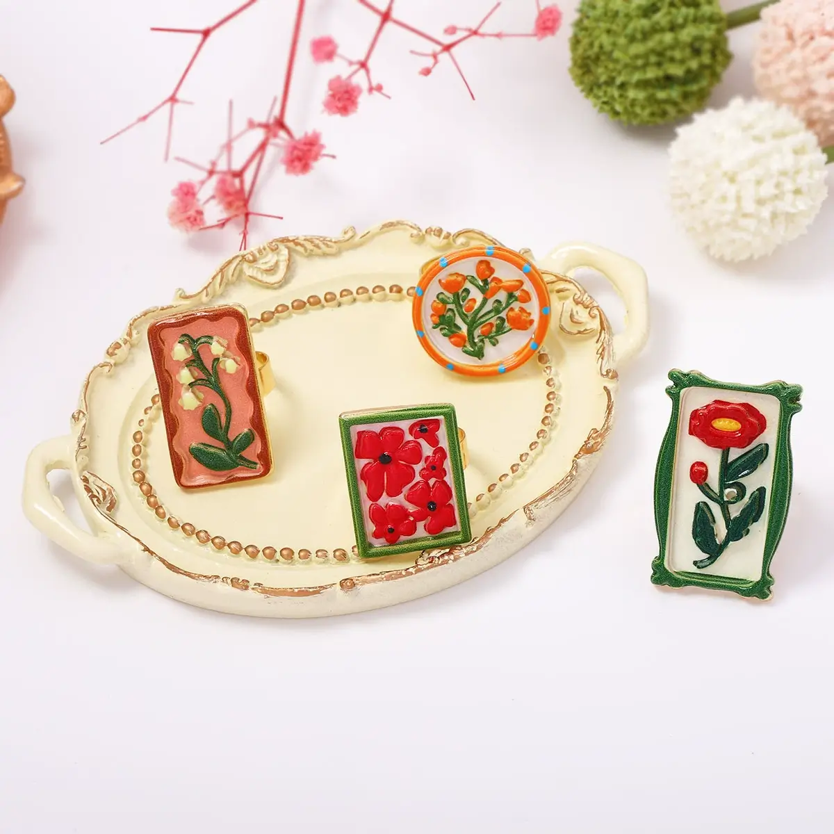 Wholesale Vintage Floral Enamel Ring | Zinc Alloy OEM/ODM