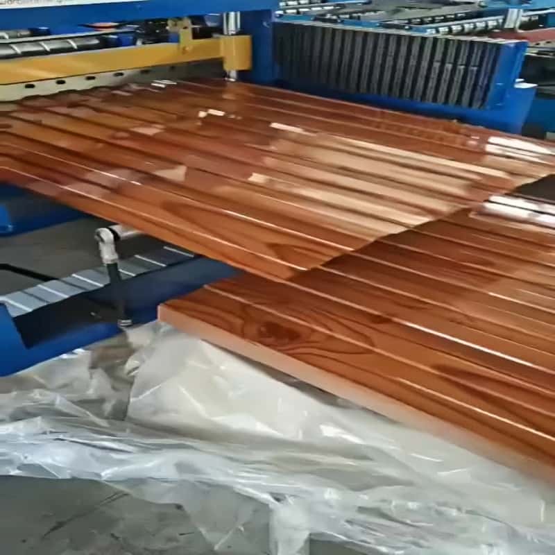 Wood grain corrugated steel roofing