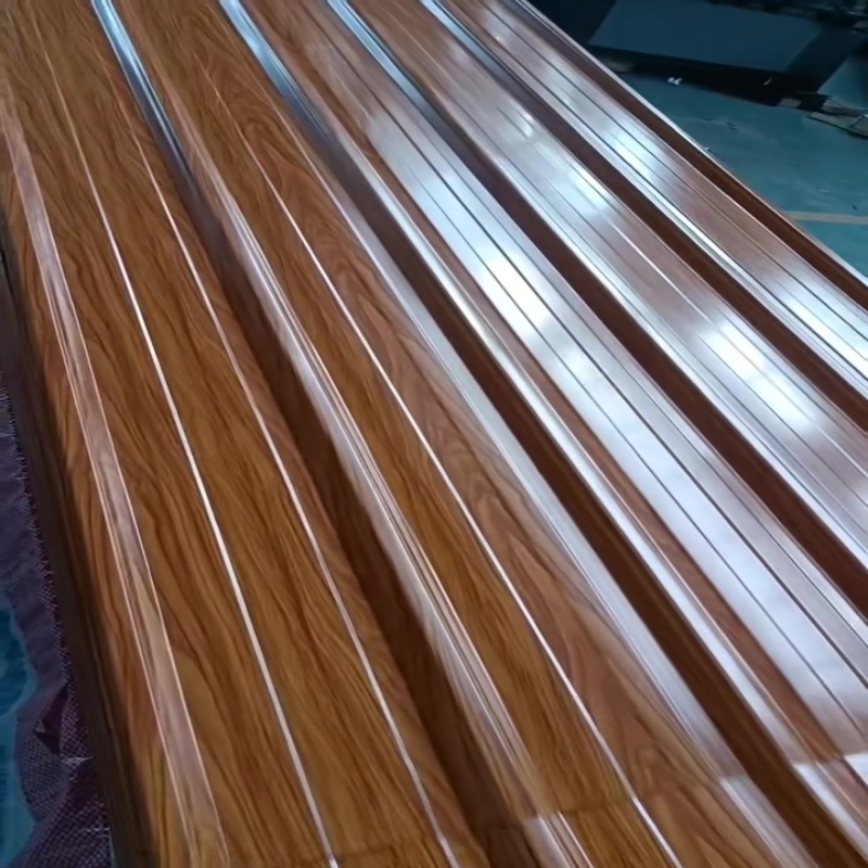 Wood grain corrugated steel roofing