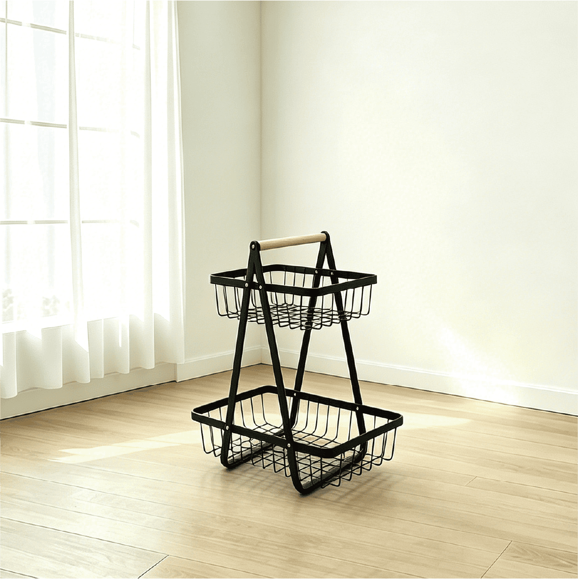 pc-044 2-Tier Wire Storage Rack with Wooden Handle