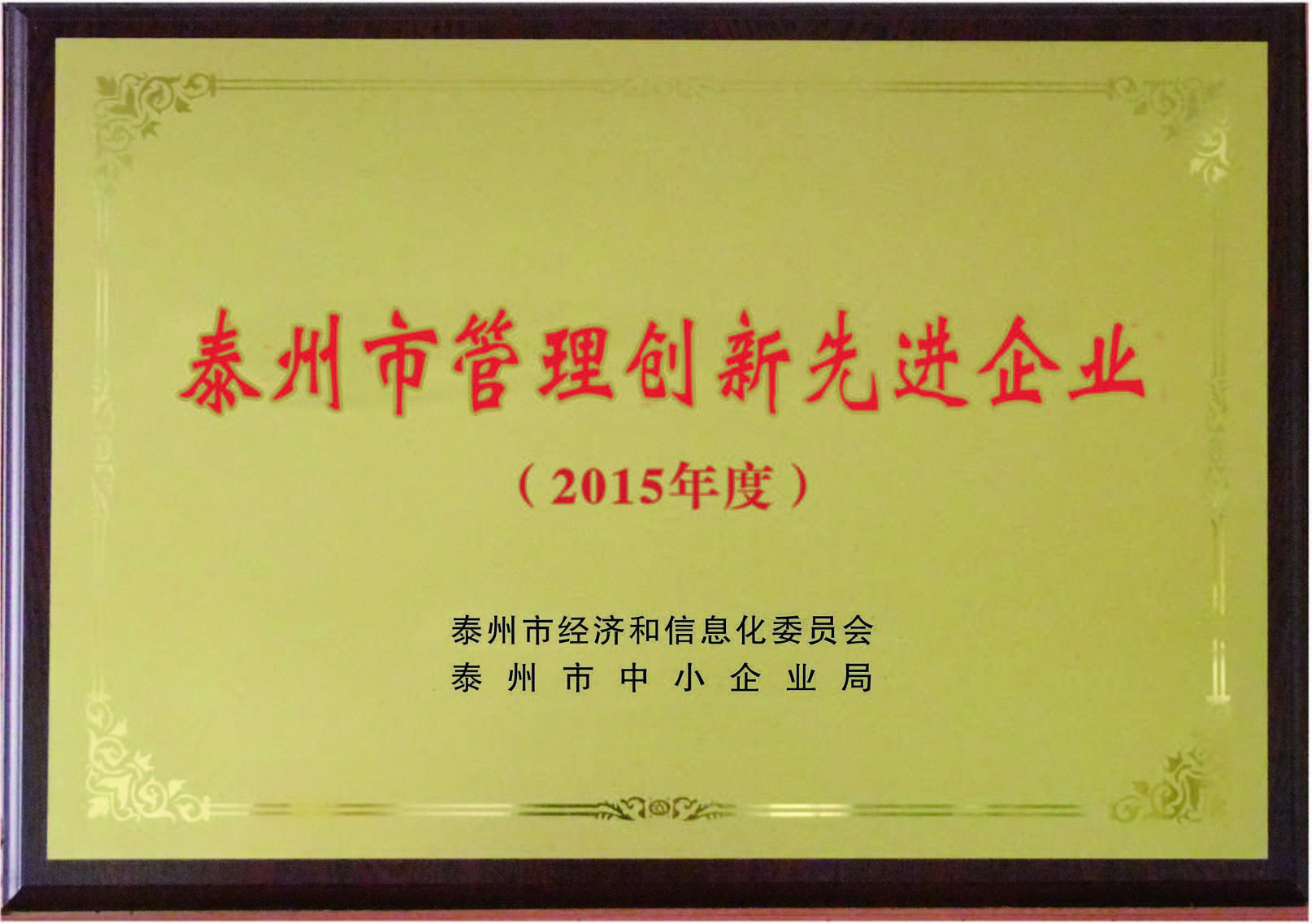 泰州市管理创新先进企业（2015年度）
