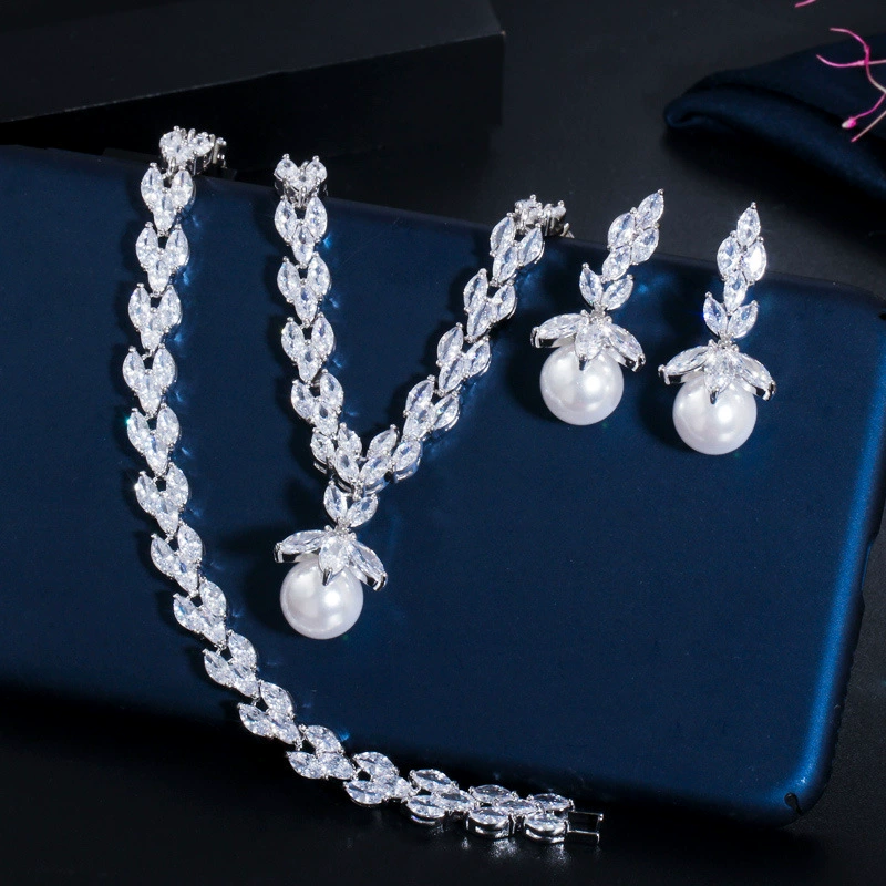Set-005  CZ & Shell Pearl 2-Piece Jewelry Set, Earrings & Necklace Fashion Accessories