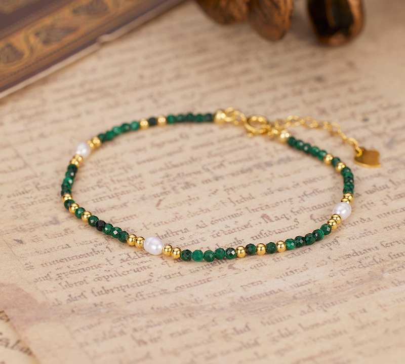 N-004  S925 Sterling Silver Natural Malachite Beaded Collarbone Necklace for Women, French Vintage Layered Fashion Jewelry