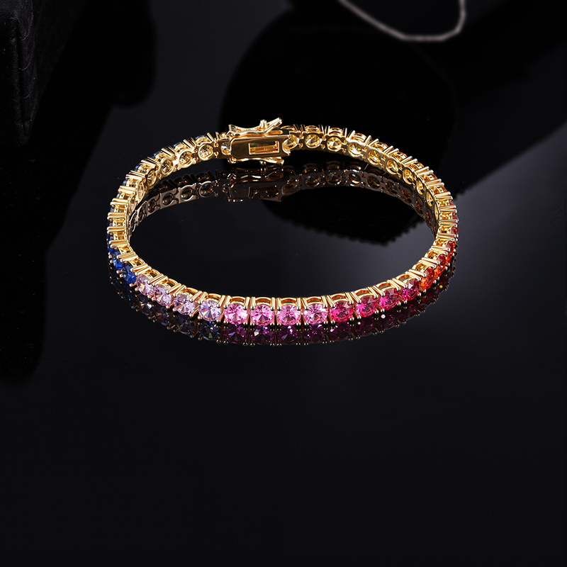 B-006  4mm Copper Inlaid Multicolor CZ Tennis Bracelet, Single Row Full Pave Figure-8 Clasp Fashion Jewelry