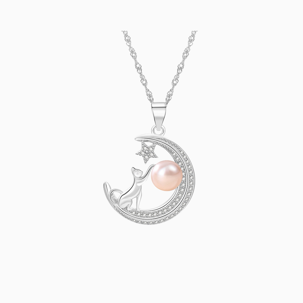 N-009  925 Sterling Silver Moon Pearl Pendant Collarbone Necklace for Women, CZ Inlaid Fashion Design Jewelry