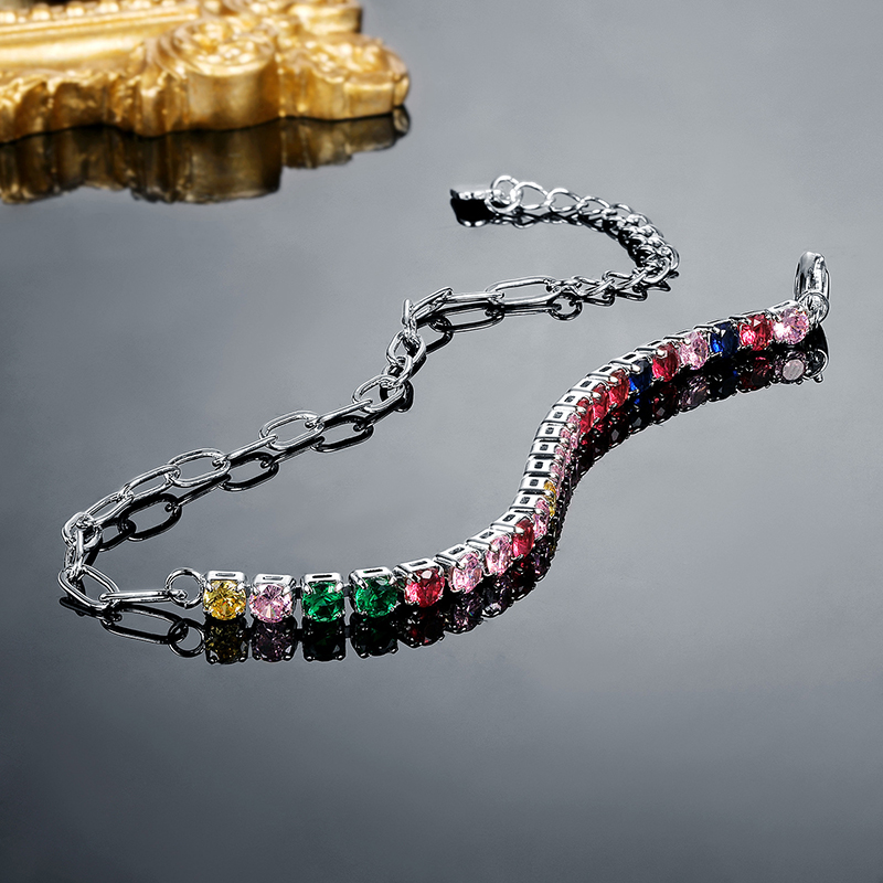 B-002  New 3mm Multicolor Round Single Row Full Pave CZ Tennis Bracelet, Copper Inlaid Fashion Jewelry