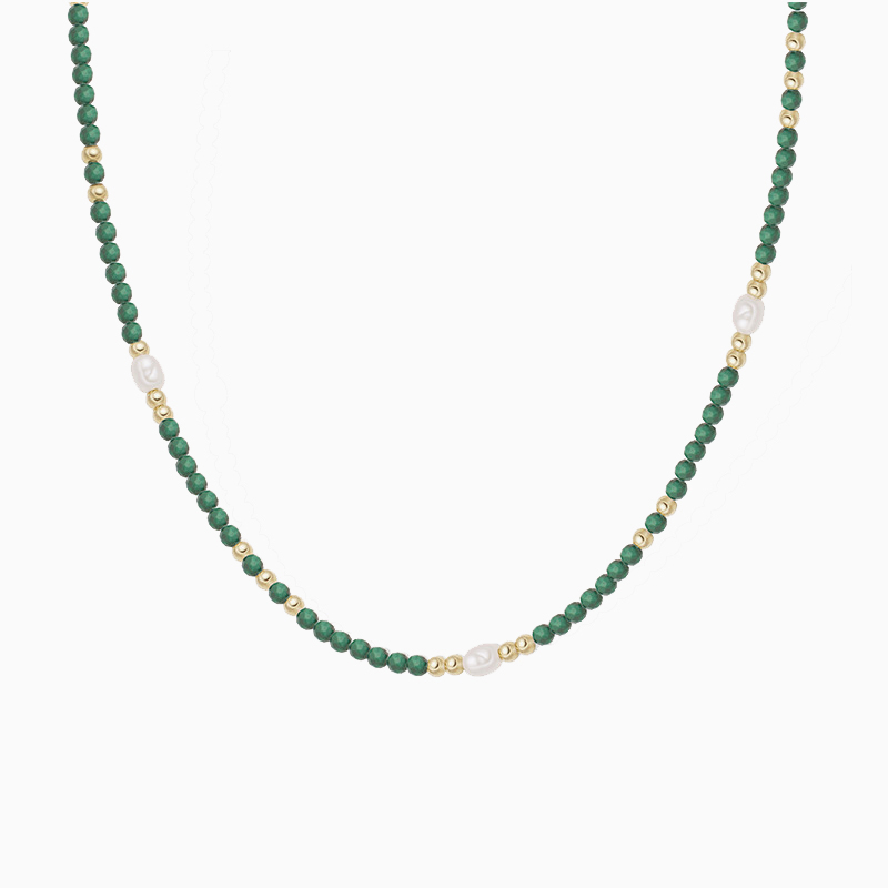 N-004  S925 Sterling Silver Natural Malachite Beaded Collarbone Necklace for Women, French Vintage Layered Fashion Jewelry