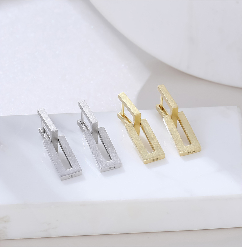 925 Sterling Silver Brushed Rectangular Ear Studs | Minimalist Cool Niche Design