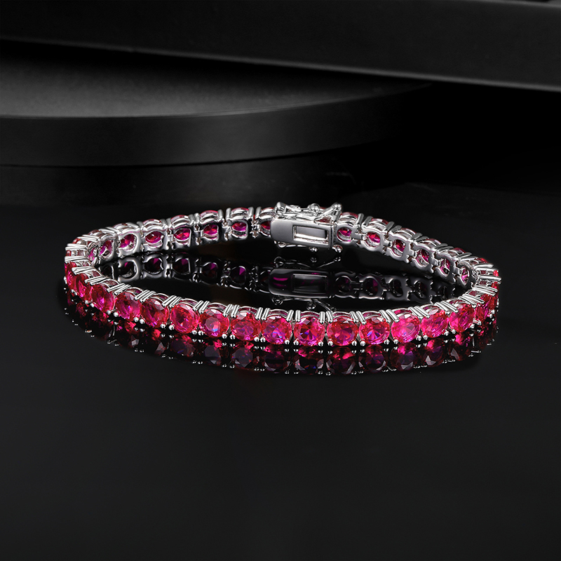 B-008  18K Gold Plated Copper 3mm Red Corundum Tennis Bracelet, European & American Light Luxury Jewelry