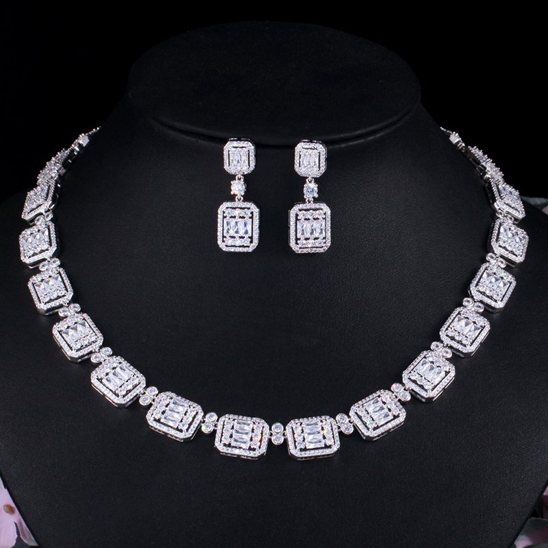 Set-003  S925 Sterling Silver Post CZ Necklace & Earrings Jewelry Set, European & American Fashion Jewelry