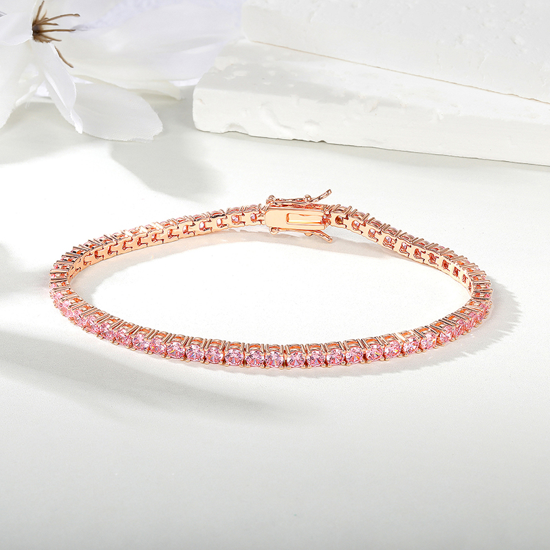 B-004  Rose Gold Plated Pink & White CZ Tennis Bracelet, Gold Inlaid Fashion Jewelry