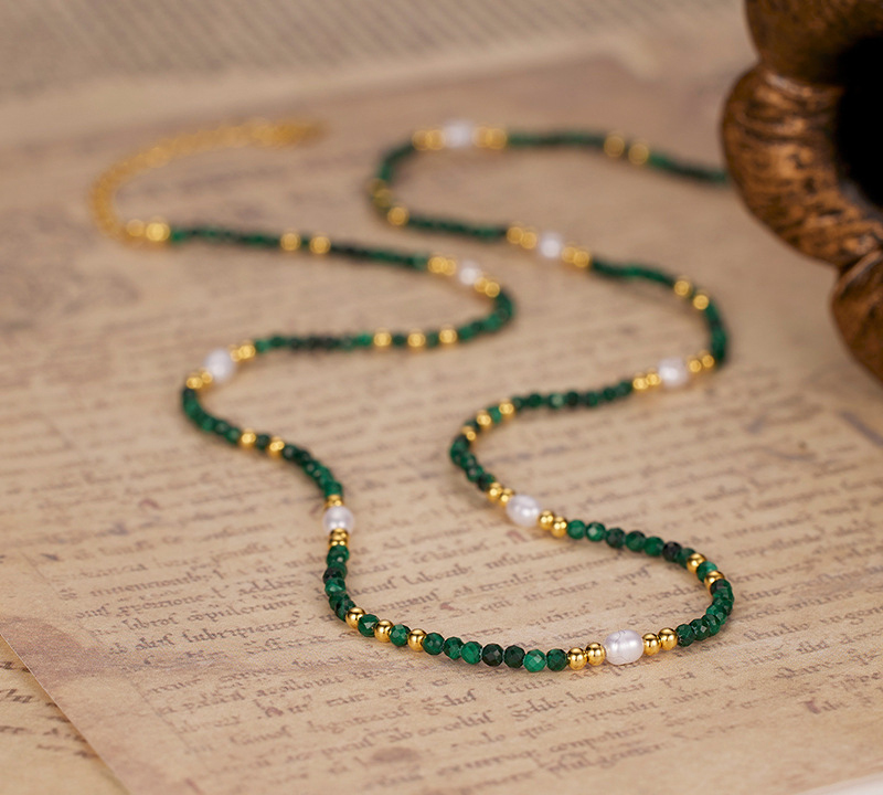 N-004  S925 Sterling Silver Natural Malachite Beaded Collarbone Necklace for Women, French Vintage Layered Fashion Jewelry