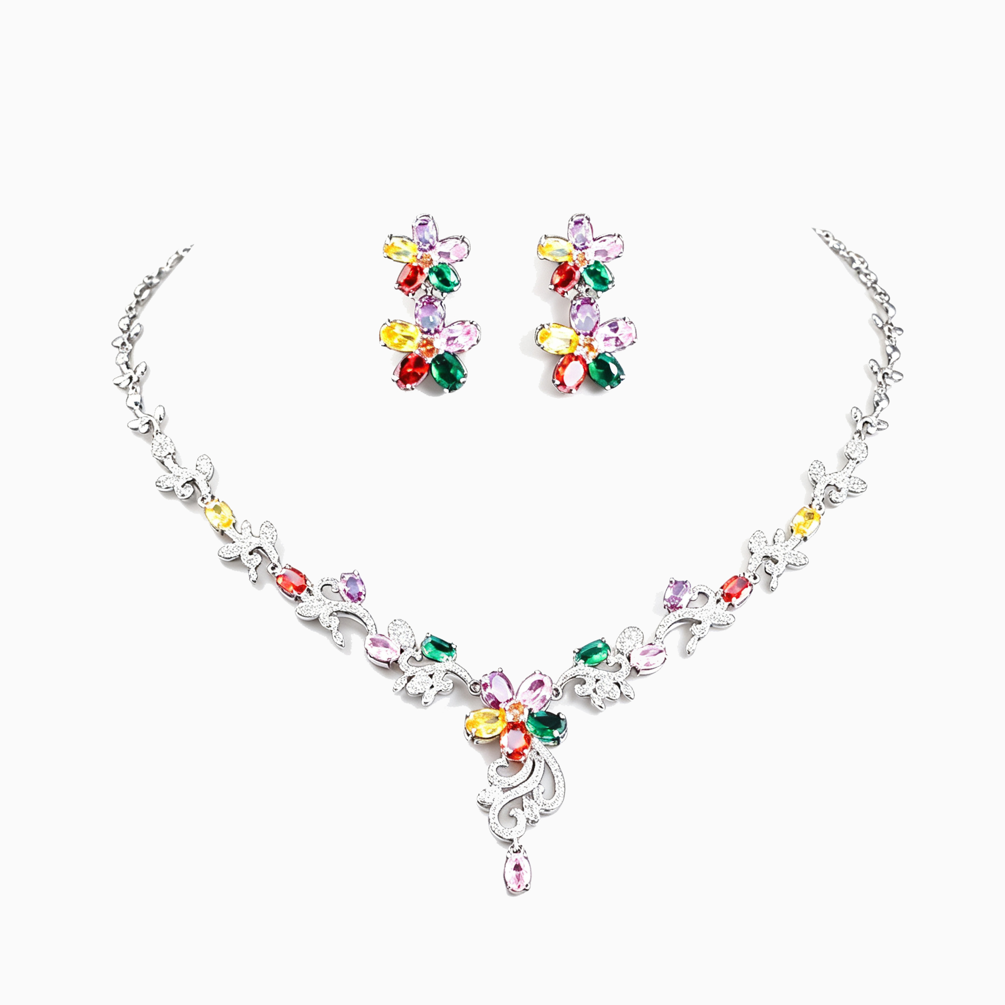 Set-004  Multicolor CZ Necklace & Earrings Set, Classic Korean Ins Style Fashion Jewelry