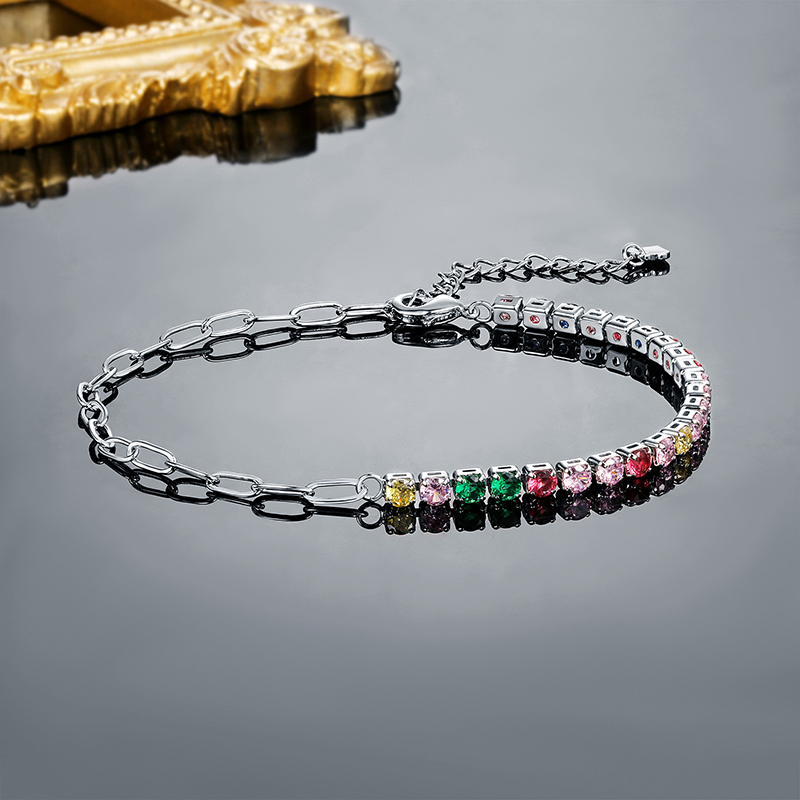 B-002  New 3mm Multicolor Round Single Row Full Pave CZ Tennis Bracelet, Copper Inlaid Fashion Jewelry