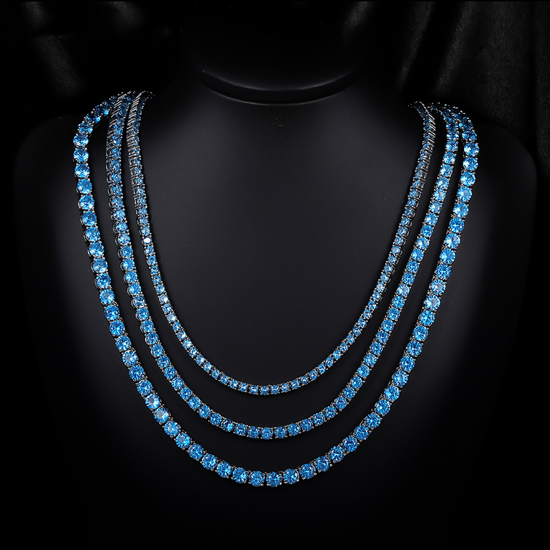 N-003  3mm Blue Sapphire CZ Tennis Necklace, High-End Fashion Design Blue Choker Fine Jewelry