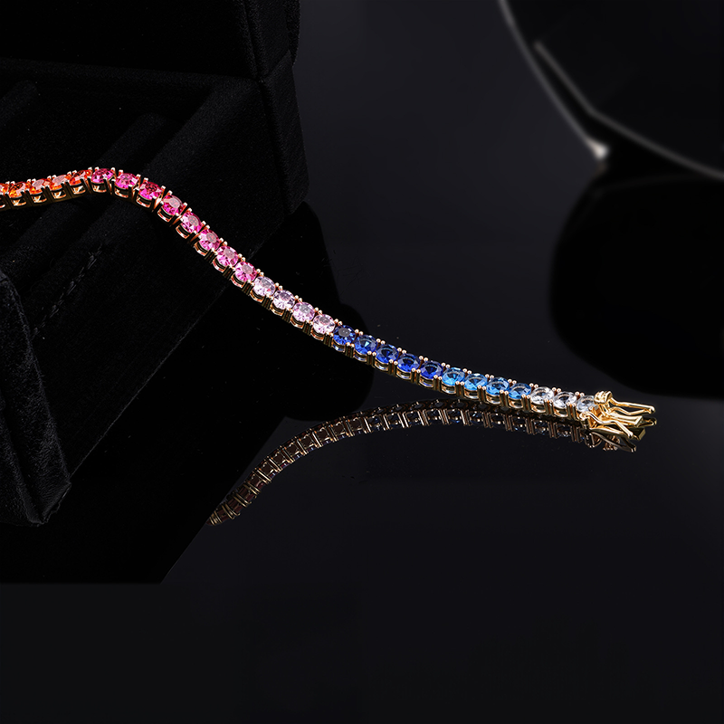 B-006  4mm Copper Inlaid Multicolor CZ Tennis Bracelet, Single Row Full Pave Figure-8 Clasp Fashion Jewelry