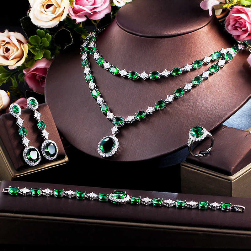 Set-001  Emerald Micro Pave CZ 4-Piece Jewelry Set, Necklace Earrings Ring Bracelet Fashion Jewelry