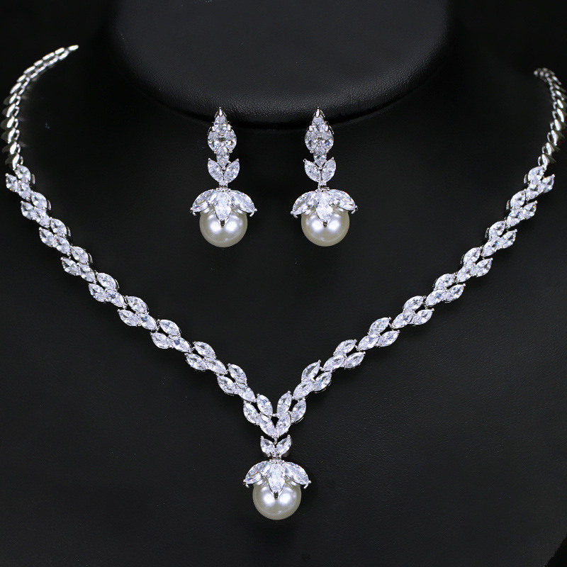 Set-005  CZ & Shell Pearl 2-Piece Jewelry Set, Earrings & Necklace Fashion Accessories