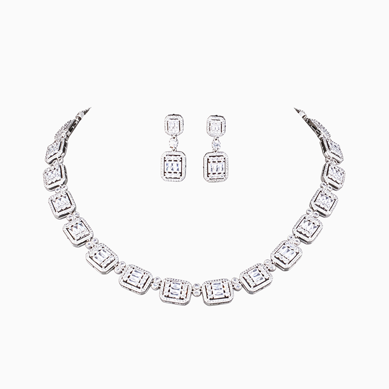 Set-003  S925 Sterling Silver Post CZ Necklace & Earrings Jewelry Set, European & American Fashion Jewelry