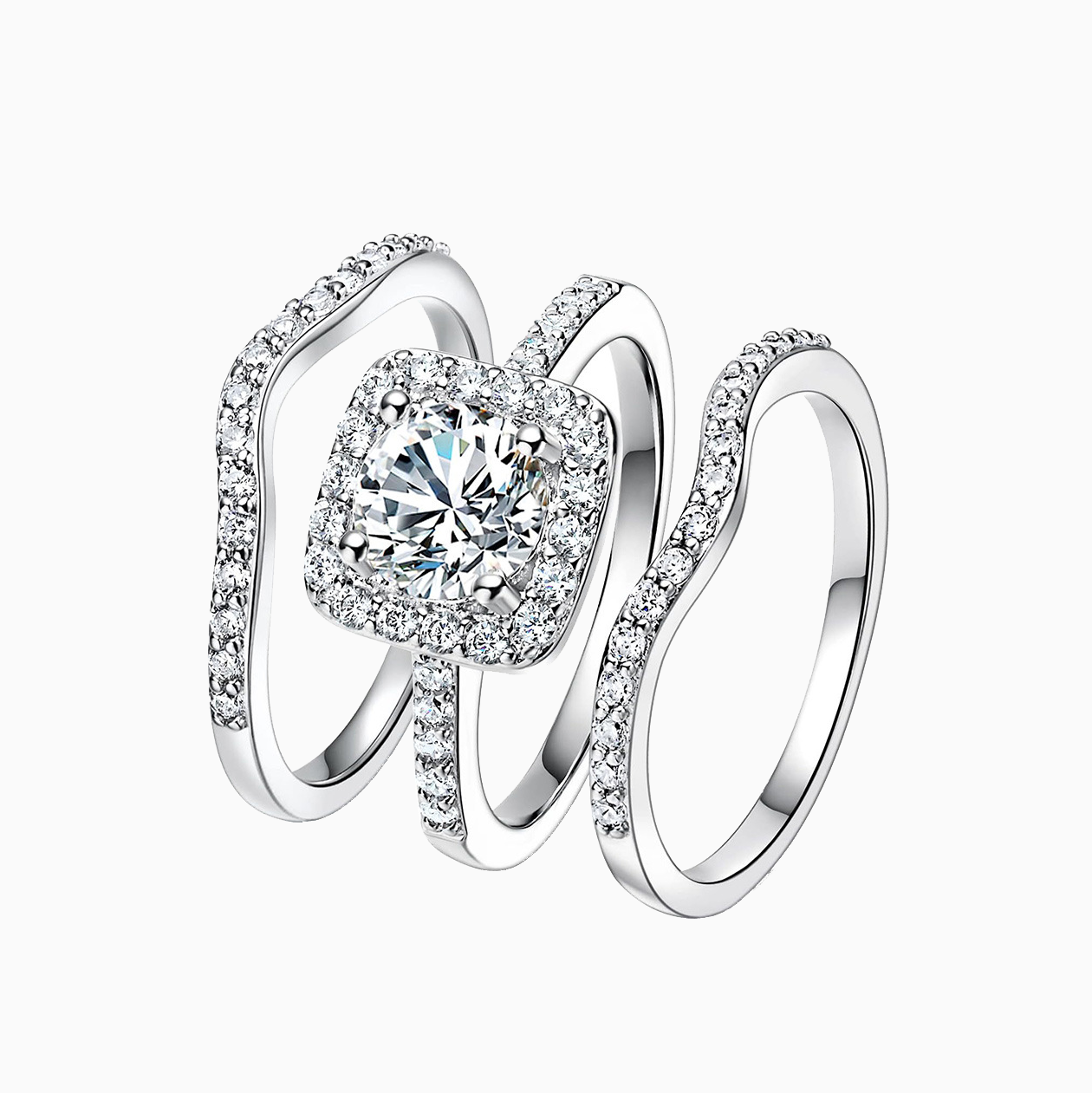 R-004  White Gold Square CZ 3-Piece Stackable Ring Set, European & American Fashion Niche Light Luxury Jewelry