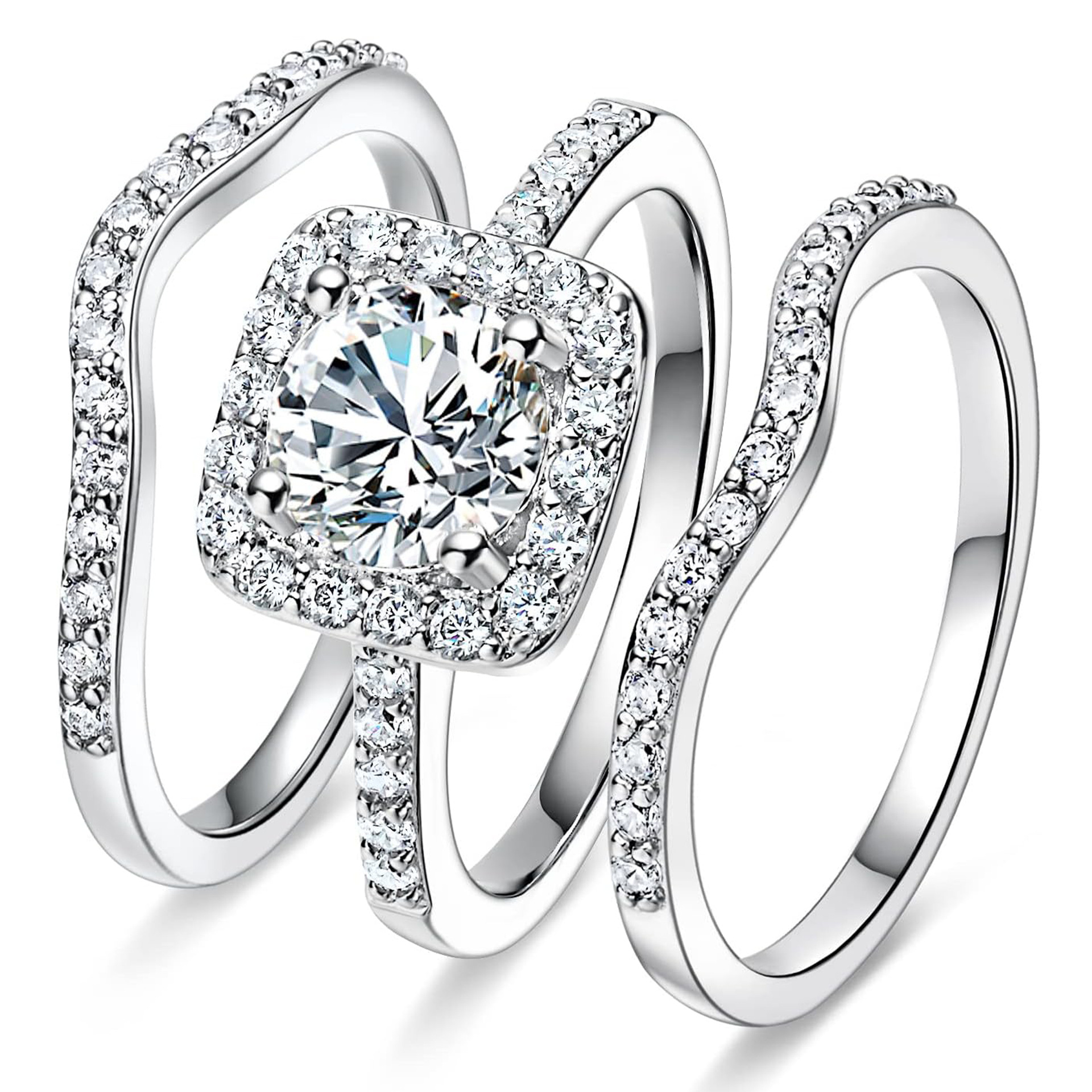 R-004  White Gold Square CZ 3-Piece Stackable Ring Set, European & American Fashion Niche Light Luxury Jewelry